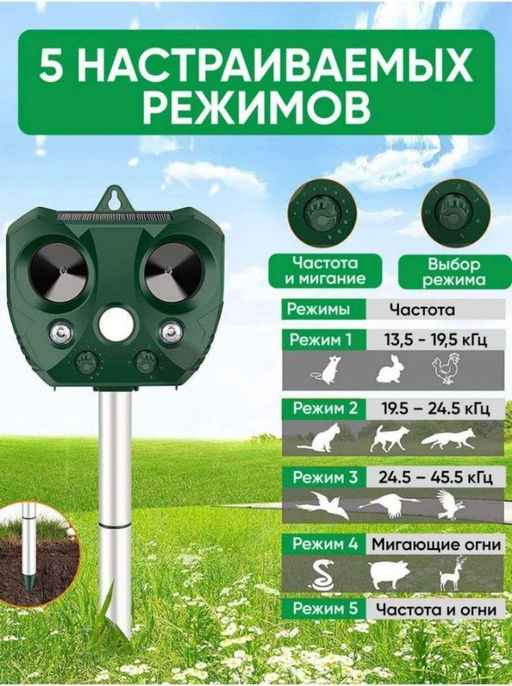 Отпугиватель садовый уличный, защита от собак кошек грызунов, ультразвуковой экоснайпер