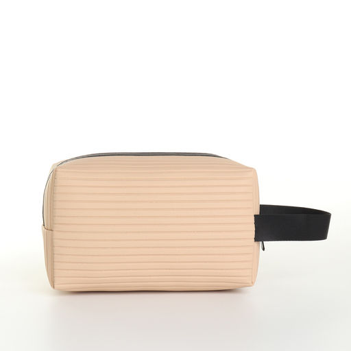 Косметичка на молнии с ручкой, объёмная, маленькая, в полоску, бежевая - Simaland фото 2