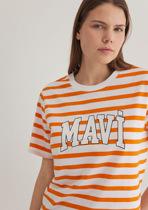 Mavi Logo Bask?l? Cizgili Turuncu Tisort