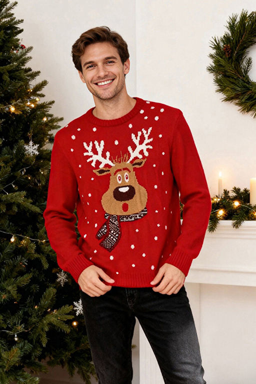 K_rm_z_ Unisex Fit Y_nl_ Bisiklet Yaka Geyik Desenli Christmas Triko Kazak TMNAW23KZ00224 - Trendyolmilla фото 2