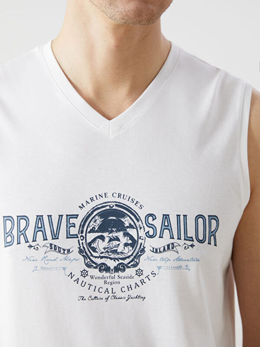 V Yaka Bask?l? Erkek Kolsuz Ti??rt