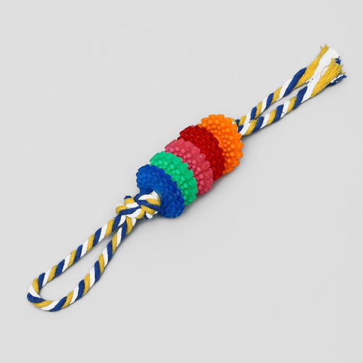 Игрушка жевательная Шестерёнка на канате, 32 см, диаметр колец 5 см, микс цветов - Пижон фото 2