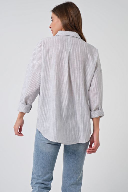 Рубашка летняя оверсайз из хлопка в полоску на персиковом - Fly фото 10