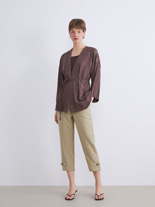 ?al Yaka ?izgili Oversize Kad?n Kimono