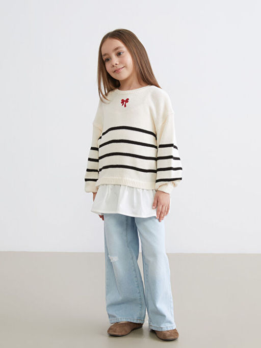 Bisiklet Yaka ?izgili K?z ?ocuk Triko Kazak