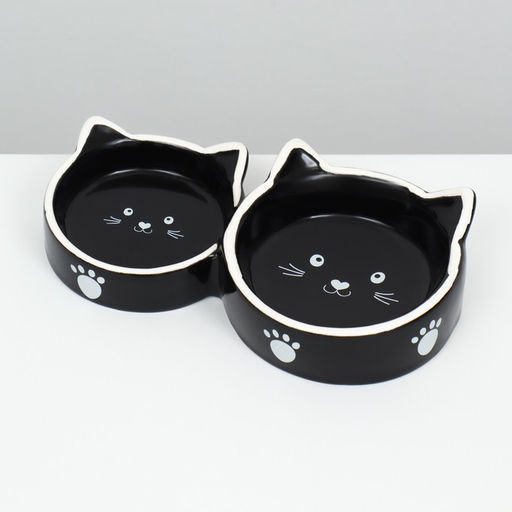 Миска для кошек керамическая Пижон "Кошачье семейство" 40/60 мл, двойная 19 х 10,5 х 3,5 см, чёрно-белая