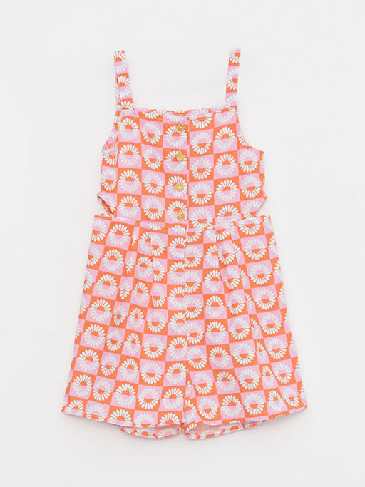 Kare Yaka Desenli Ask?l? Poplin K?z ?ocuk Tulum