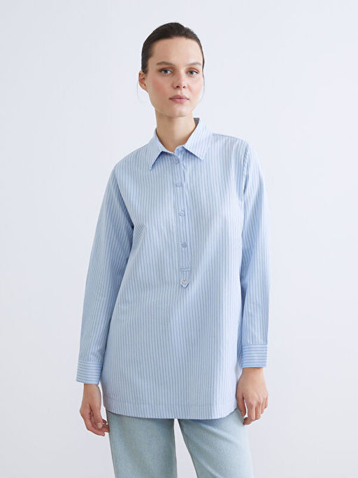 G?mlek Yaka ?izgili Poplin Kad?n Tunik