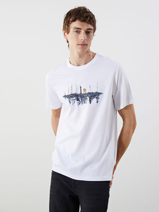 Bisiklet Yaka Bask?l? Penye Erkek Ti??rt