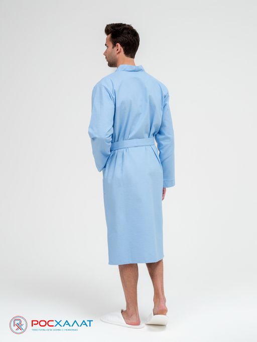 Мужской вафельный халат с планкой голубой В-03 (2)