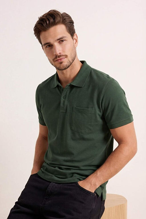 Haki Regular/Rahat %100 Pamuk Tek Cepli Polo Yaka T-shirt TMNSS26PO00018 - Trendyolmilla фото 2