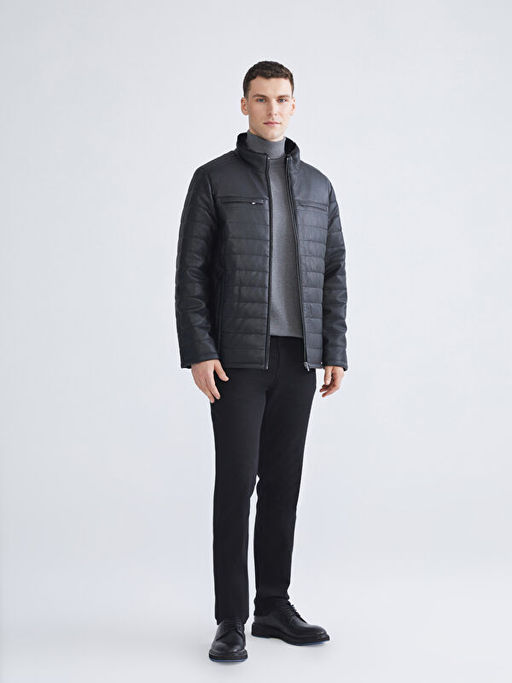 Standart Kal?p Dik Yaka Erkek Deri G?r?n?ml? Mont