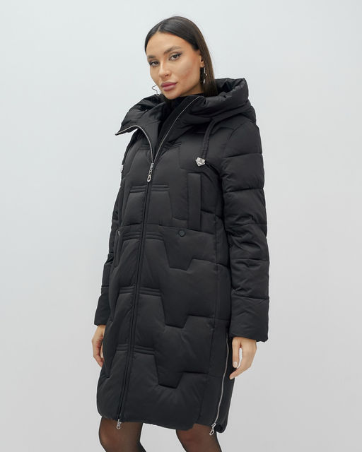 Пальто зимнее утепленное с капюшоном женское черного цвета 7638Ch - Visdeer фото 4