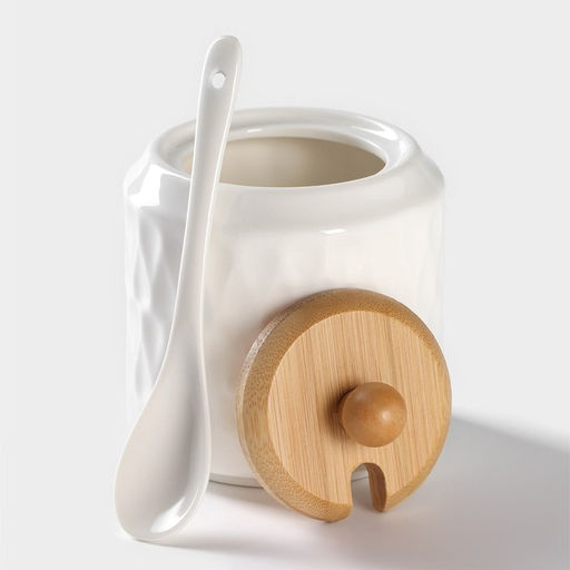 Набор для специй и соусов BellaTenero, 5 предметов: 2 соусника 200 мл, сахарница 360 мл, солонка 120 мл, перечница 120 мл, на бамбуковой подставке, керамика, белый