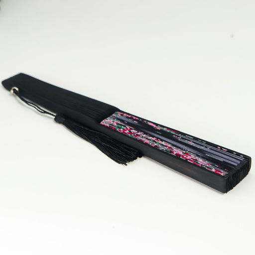 Веер складной h=21 см Цветы и бабочки, чёрный, с кисточкой