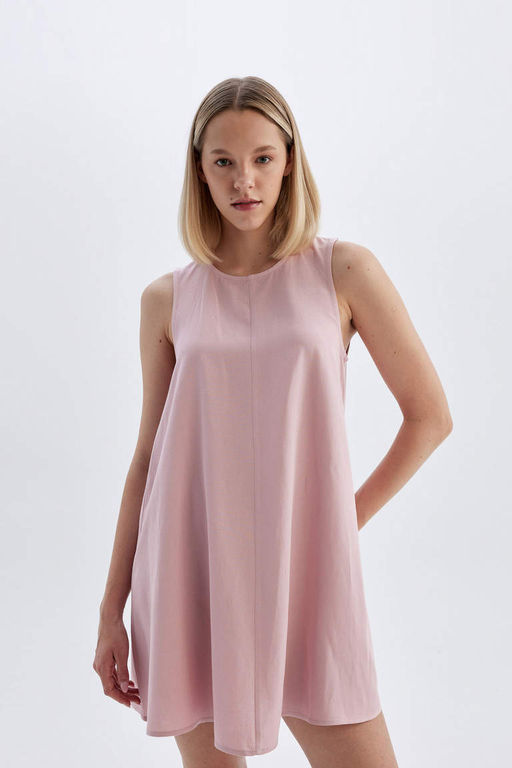 Льняное мини-платье А-силуэта с круглым вырезом и без рукавов - Defacto фото 6
