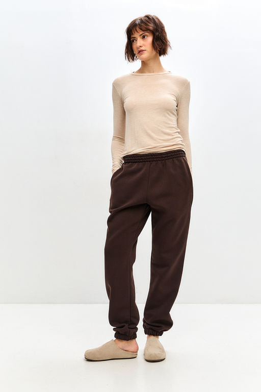 Брюки женские из футера трехнитка с начесом Сова шоколад макси