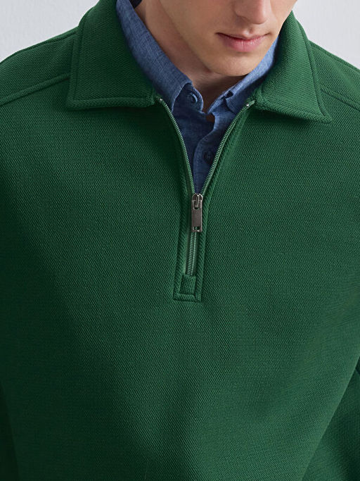 Fermuarl? Polo Yaka Erkek Dokulu Sweatshirt