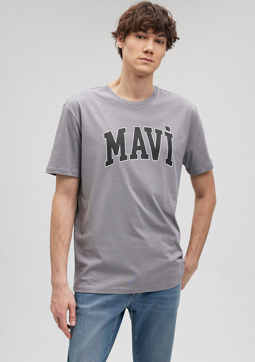 Mavi Logo Bask?l? Gri Tisort