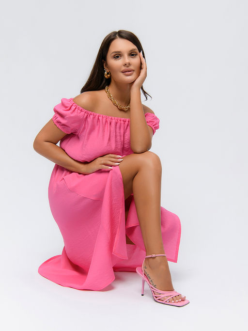 Платье розовое длины миди с открытыми плечами и разрезом на юбке - 1001dress фото 5