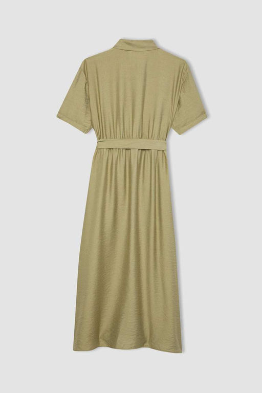 Льняное платье-миди с рубашечным воротником и поясом с короткими рукавами - Defacto фото 8