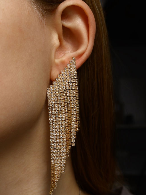 Серьги висячие со стразами Вечное сияние лесенка, белые в золоте - Qf фото 3