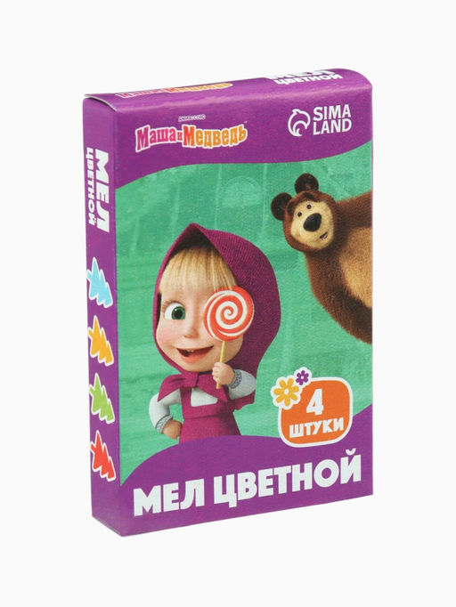 Цена за 8 шт. Мелки цветные школьные, 4 шт. Маша и медведь, прямоугольные  фото 2