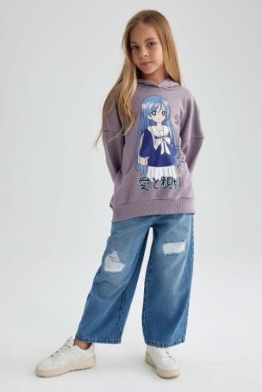 K?z Cocuk Wide Leg Y?rt?k Detayl? Genis Paca Jean Pantolon