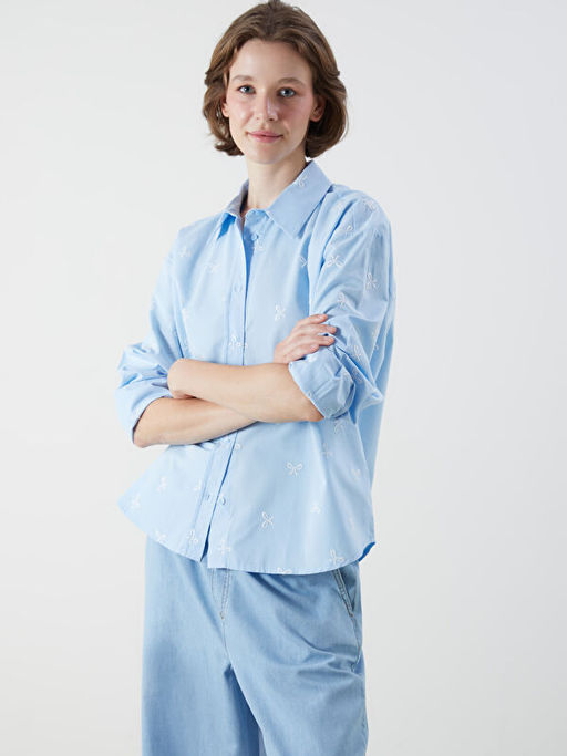 Fiyonk Nak??l? Oversize Poplin Kad?n G?mlek