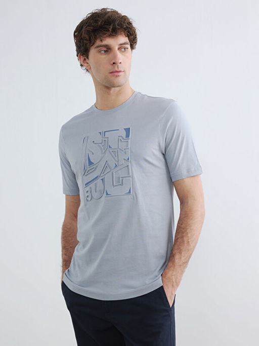 Bisiklet Yaka Bask?l? Penye Erkek Ti??rt