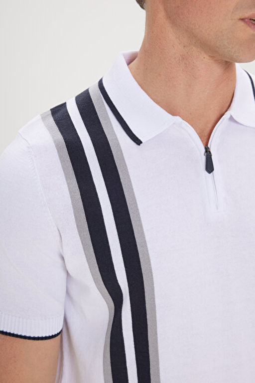 Standart Fit Normal Kesim %100 Pamuk Polo Yaka Beyaz-Lacivert Triko Ti__rt 4A4924200021BZC