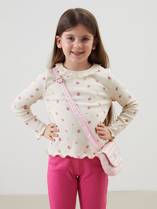 ?i?ekli Dantelli K?z ?ocuk Ti??rt ve Tayt 2li