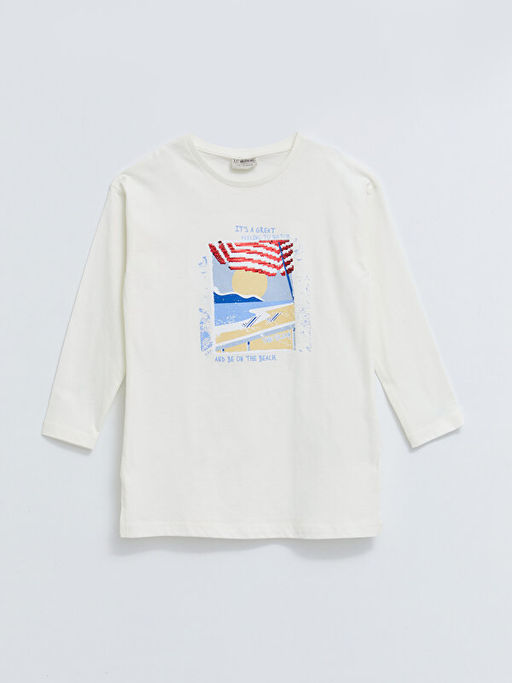 Bisiklet Yaka Bask?l? Pul ??lemeli Uzun Kollu Pamuklu K?z ?ocuk Tunik