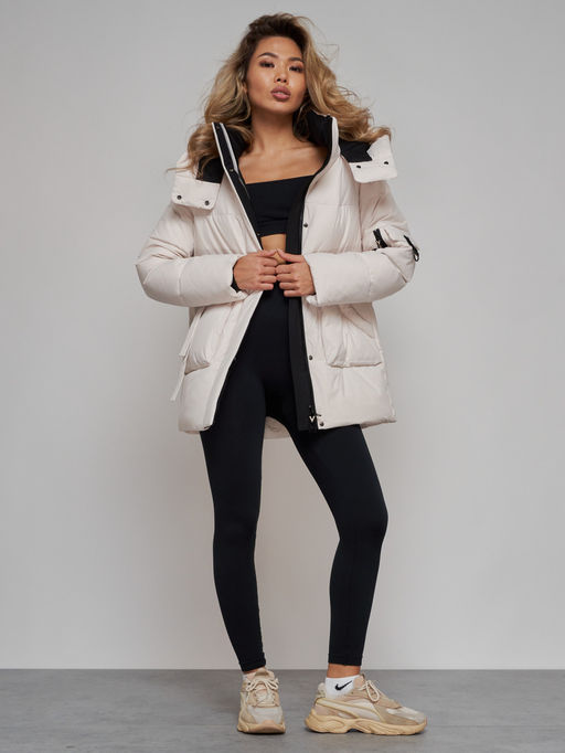 Зимняя женская куртка модная с капюшоном бежевого цвета 589827B - RoccaManer фото 21