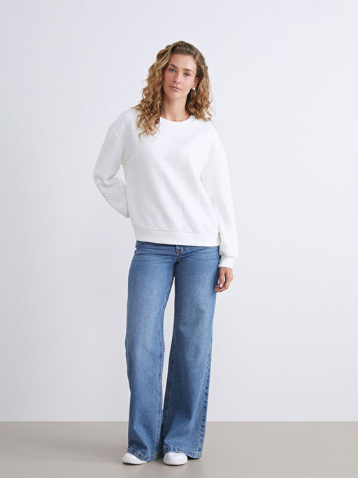 Bisiklet Yaka Kendinden Desenli Kad?n Sweatshirt