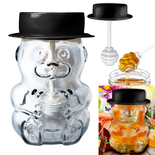 Банка для мёда стекл. 275 мл "МИШКА" с ложкой-веретено шляпа чёрная 475-98505