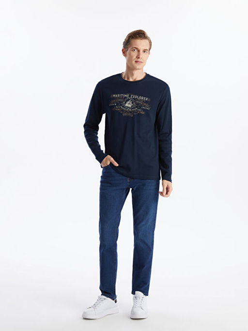 Bisiklet Yaka Uzun Kollu Bask?l? Erkek Sweatshirt