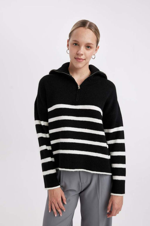 Женский вязаный свитер оверсайз с широким узором в полоску и половиной молнии с высоким воротником - Defacto фото 3
