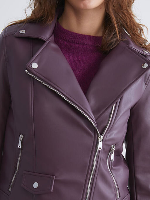 Biker Yaka Kad?n Deri G?r?n?ml? Ceket