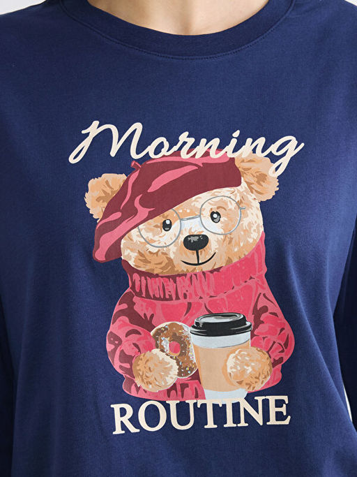 Bisiklet Yaka Ay? Teddy Bask?l? Kad?n Pijama Tak?m?