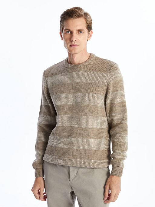 Bisiklet Yaka Uzun Kollu ?izgili Erkek Triko Kazak