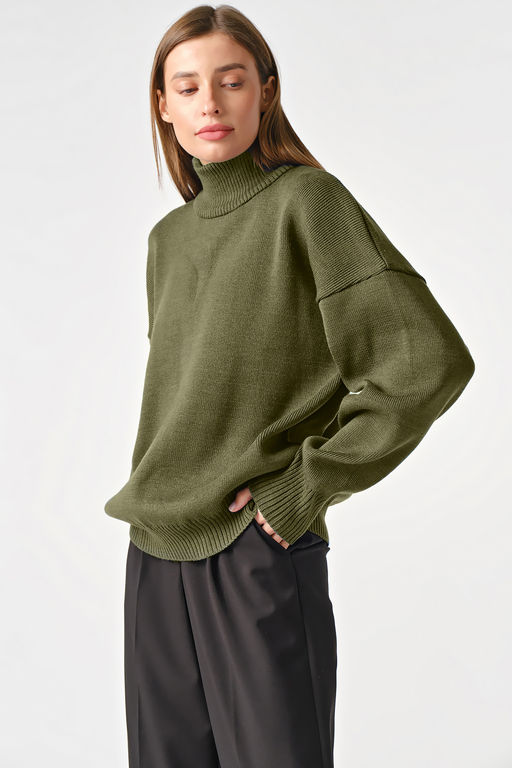 Свитер вязаный теплый оверсайз с высоким горлом меланж оливковый