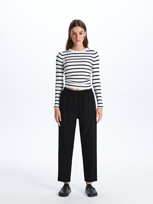 Beli Lastikli D?z Keten Kar???ml? Kad?n Pantolon