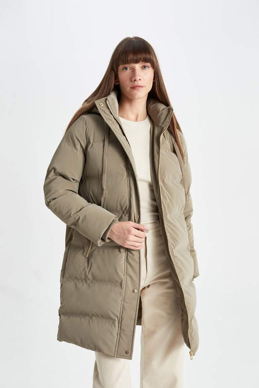 Водоотталкивающая длинная парка-пуховик с капюшоном и карманами на молнии - Defacto фото 3