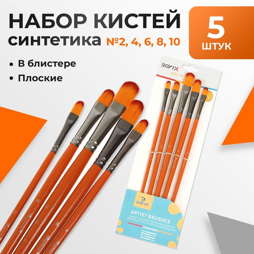 Набор кистей для рисования, синтетика, 5 штук: № 2, 4, 6, 8, 10, плоские, в блистере, международный размер