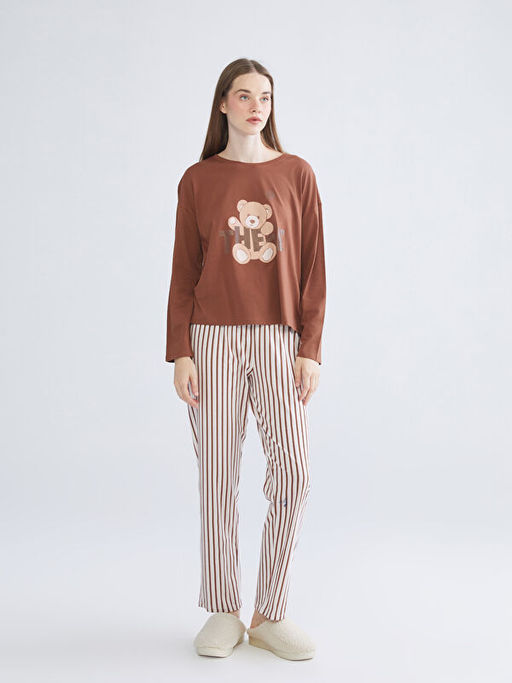 Bisiklet Yaka Bask?l? Kad?n Pijama Tak?m?