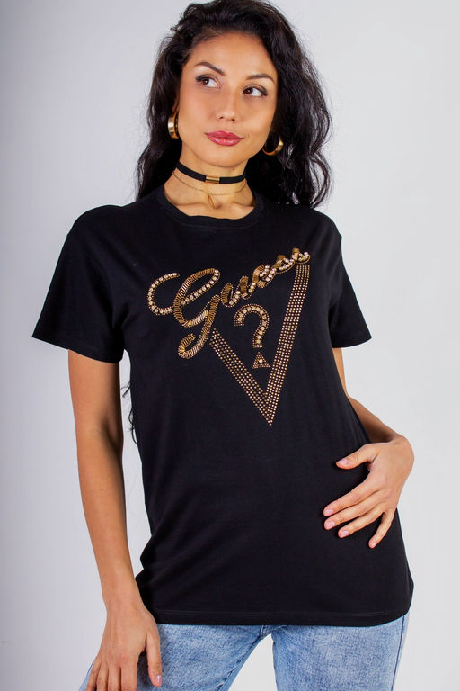 Футболка "Guess" с треугольником стразы, камешки, бусины