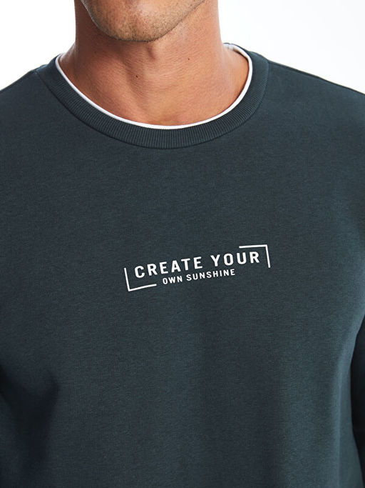 Bisiklet Yaka Bask?l? Erkek Kal?n Sweatshirt