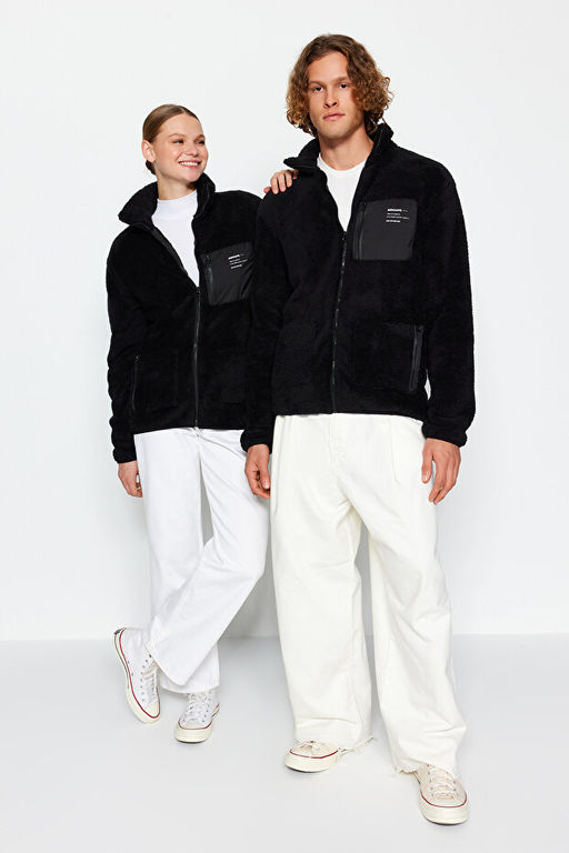 Siyah Unisex Regular/Normal Kesim Dik Yaka Fermuarl_ Pelu_ H_rka-Sweatshirt TMNAW24SW00089