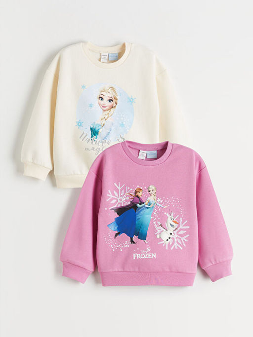 Bisiklet Yaka Elsa Bask?l? K?z ?ocuk Sweatshirt 2li